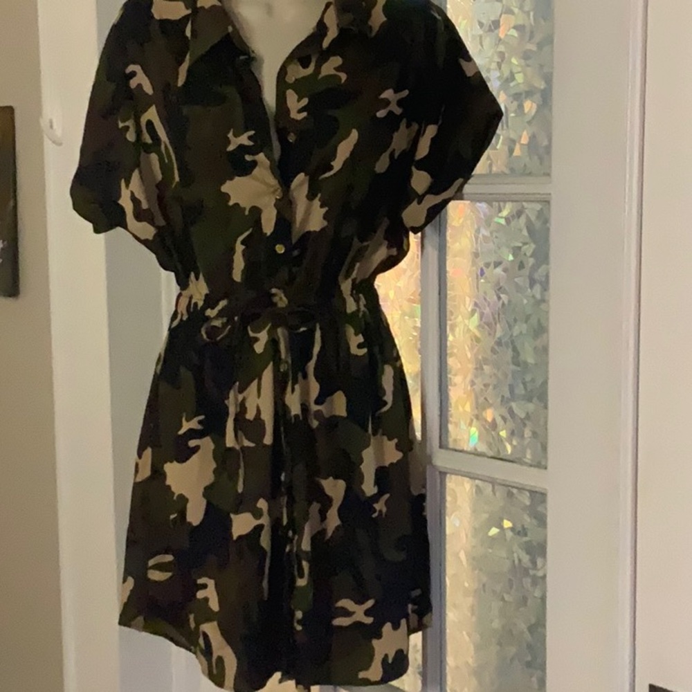 Camo Button-Front Tie-Waist Shirt Dress
